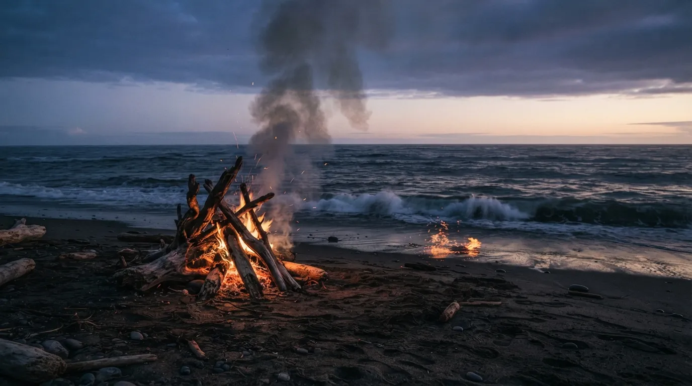 Un feu de bois flotté qui brûle sur une plage au crépuscule, fumée grise qui monte droit dans le ciel calme