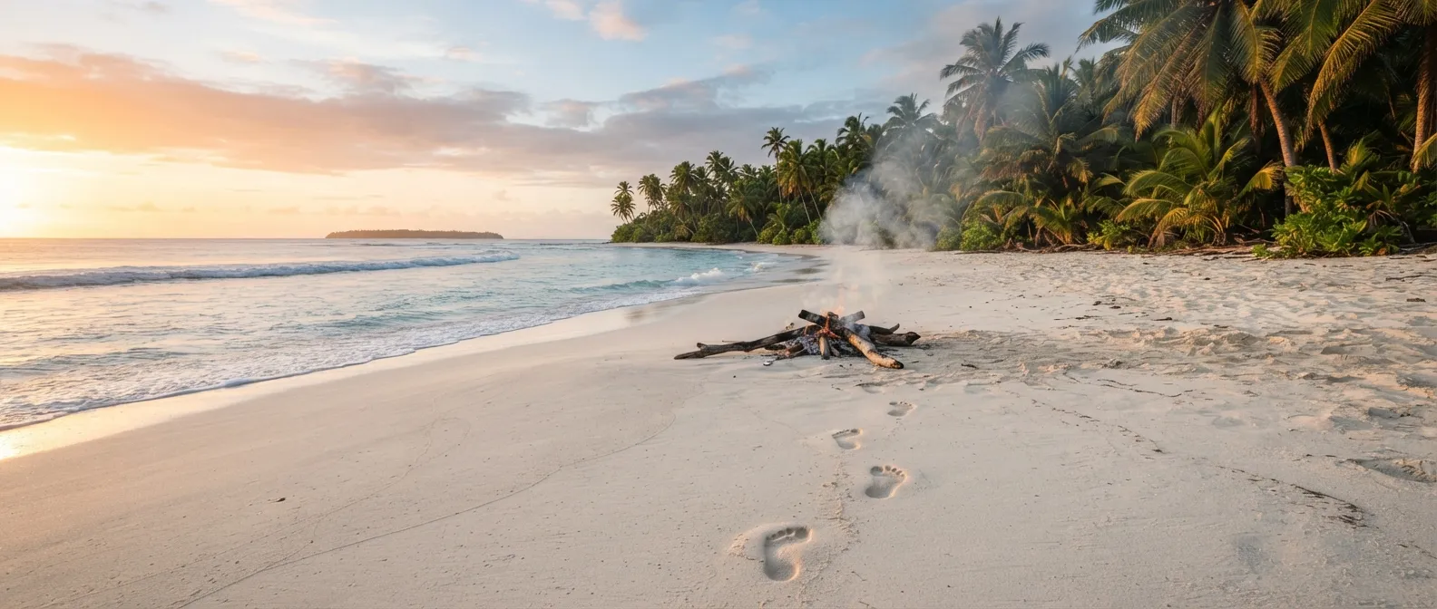 Une plage tropicale déserte au lever du soleil, un feu de bois flotté qui fume encore, des empreintes de pas qui s'éloignent vers la jungle