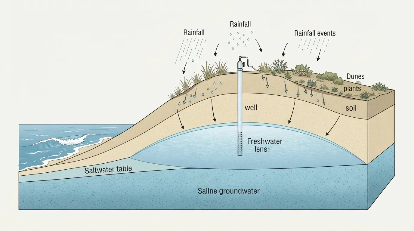 Coupe d'une plage montrant une lentille d'eau douce en forme de dôme flottant sur l'eau salée plus dense, avec un puits qui y puise