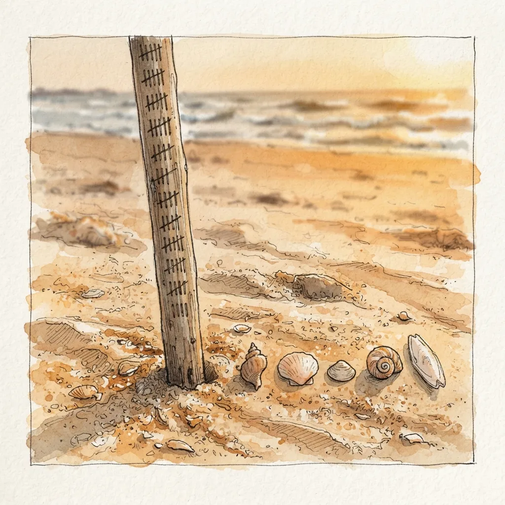 Un bâton planté dans le sable entouré de marques de comptage des jours, coquillages alignés en ordre, coucher de soleil