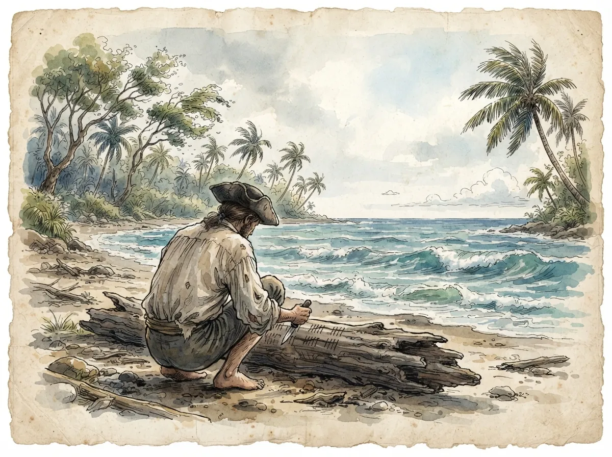 Une silhouette solitaire trace des bâtons sur le sable pour compter les jours, face à l'océan, cocotiers alentour