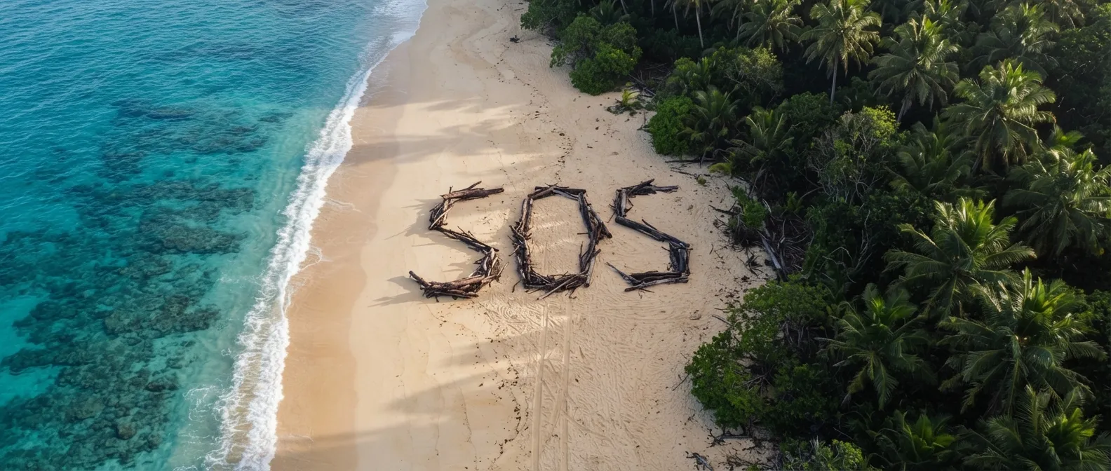 Vue aérienne d'une plage où les lettres SOS sont formées avec de grosses branches sombres sur le sable clair