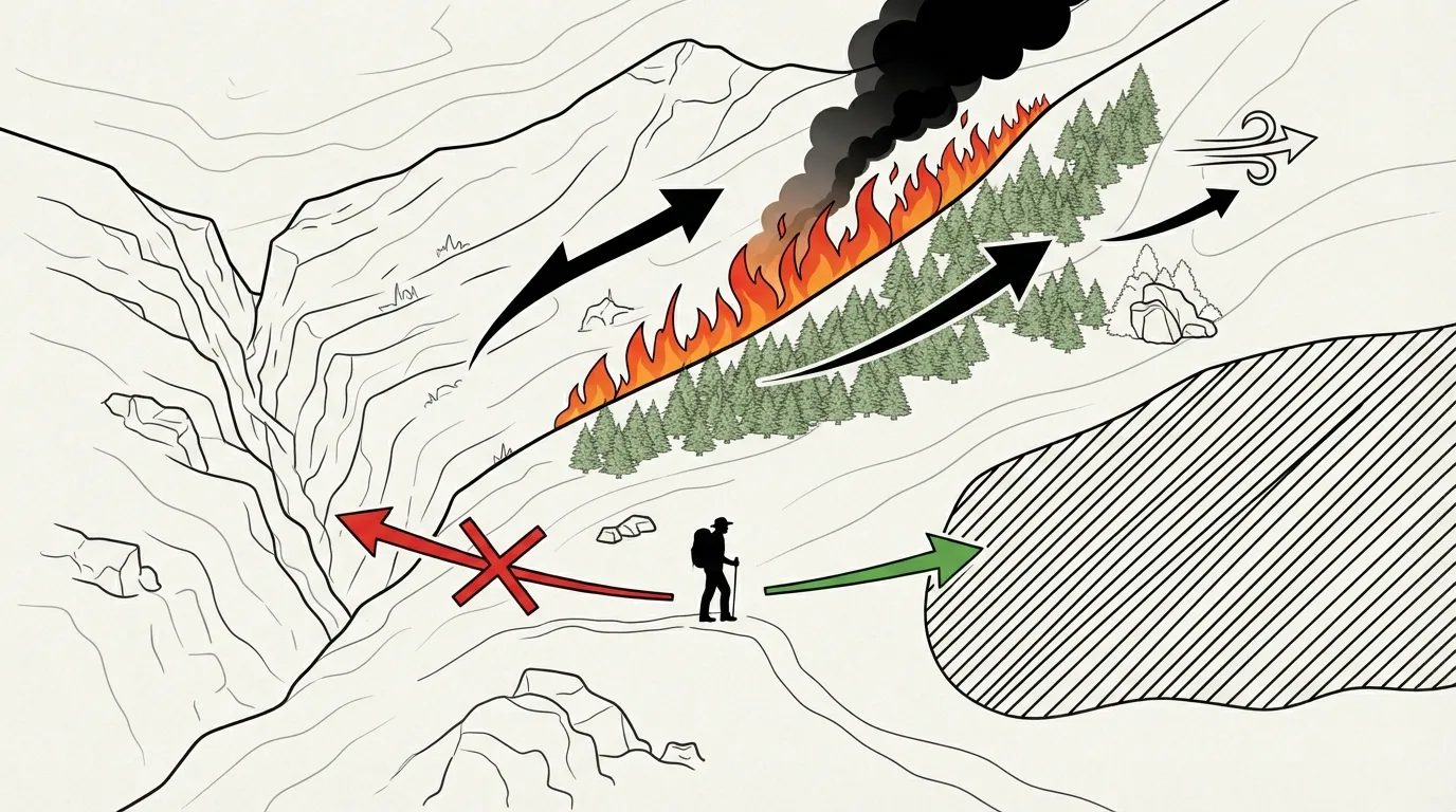 Carte schématique montrant un randonneur fuyant vers l'aval et une zone déjà brûlée plutôt que vers l'amont ou un canyon étroit