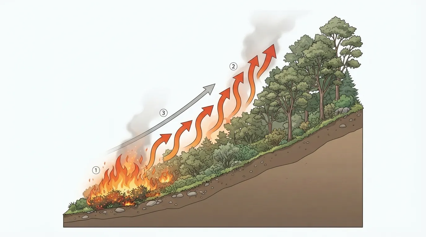 Schéma d'une pente forestière avec un feu en bas qui préchauffe la végétation en amont, flèches montrant l'air chaud qui monte et accélère la progression