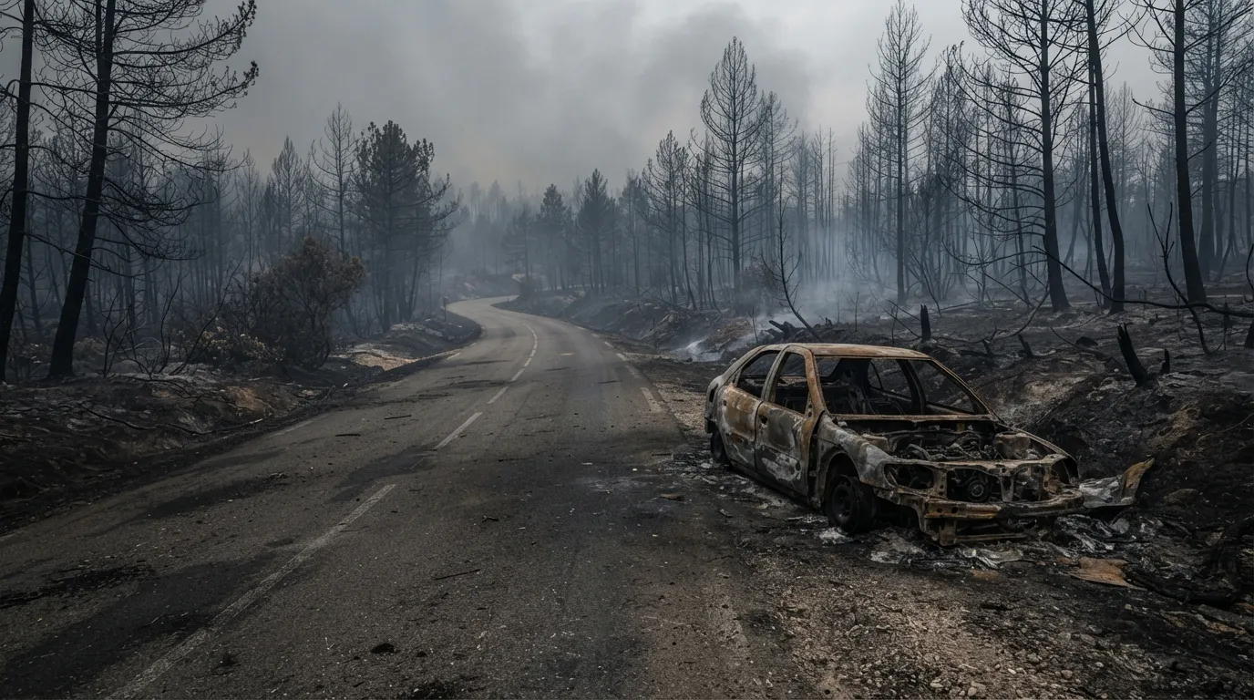 Une route de campagne bordée d'arbres brûlés et de fumée, une voiture calcinée abandonnée sur le bas-côté