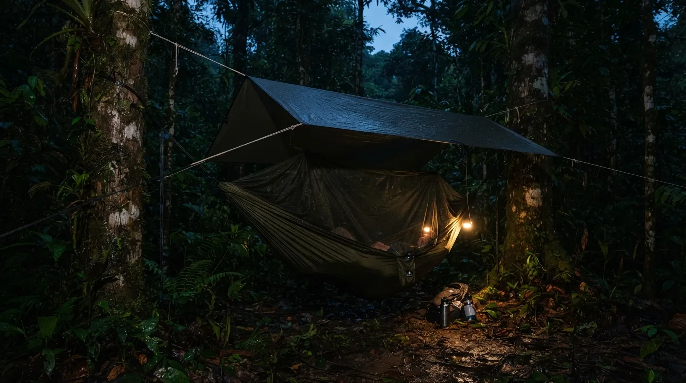 Un hamac tendu entre deux arbres avec sa moustiquaire intégrée et une bâche tendue au-dessus, la nuit tombe sur la forêt