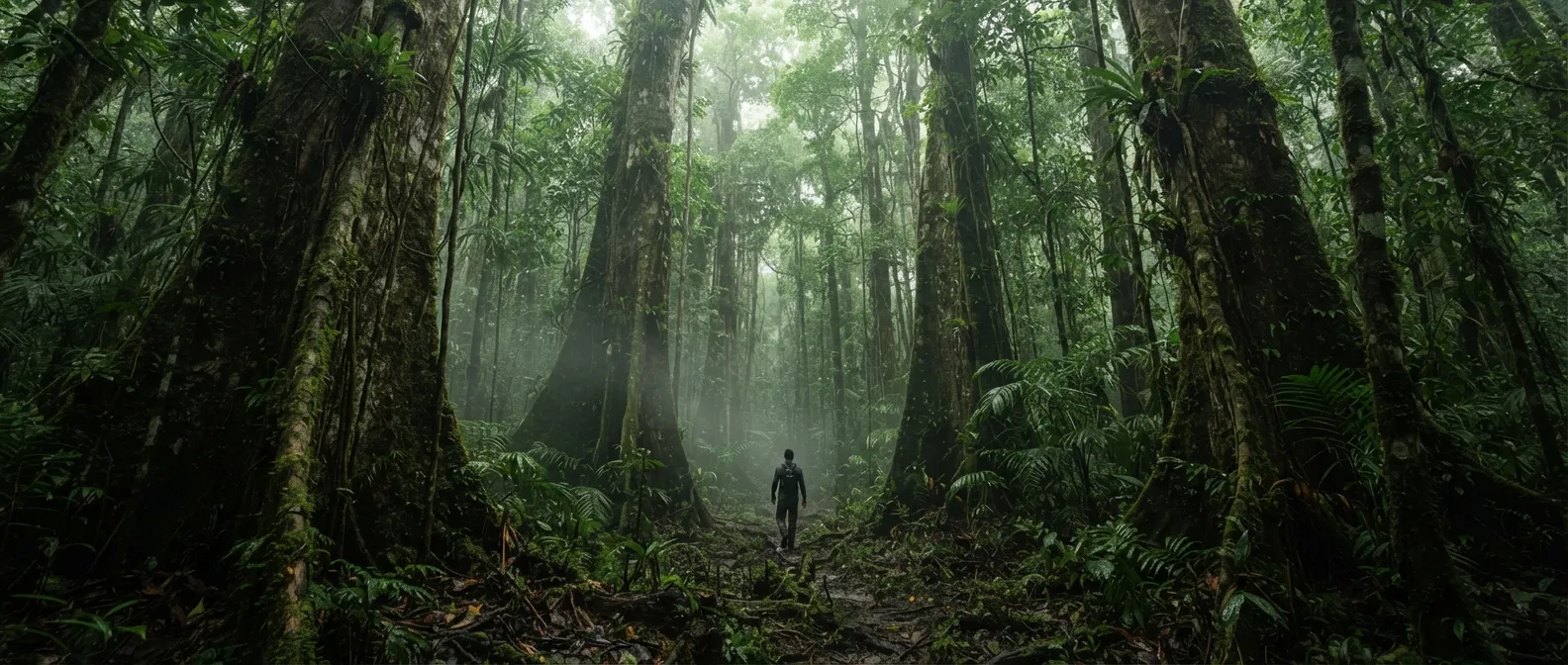 Sous-bois de forêt tropicale humide, lumière verte filtrée par une canopée dense, brume qui monte du sol après la pluie