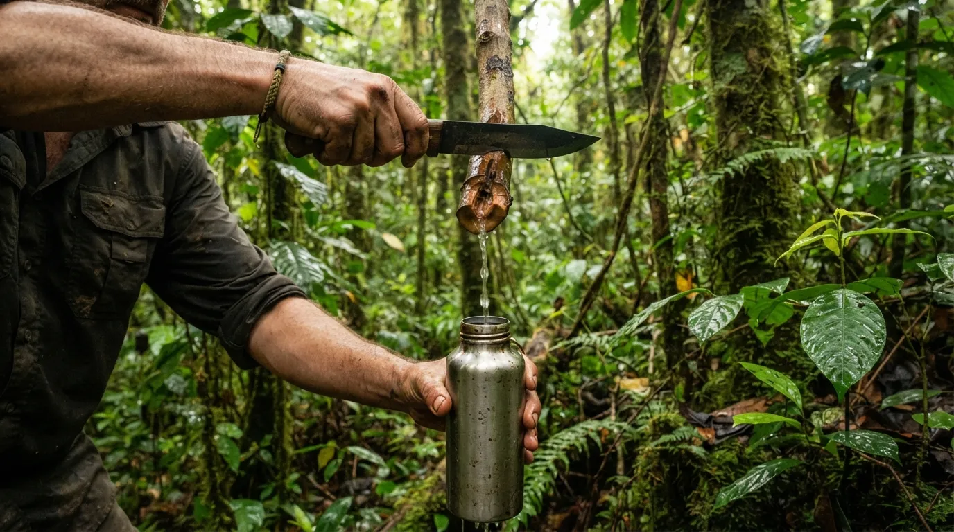 Une main coupe une liane épaisse au couteau, l'eau claire coule goutte à goutte dans une gourde tenue en dessous