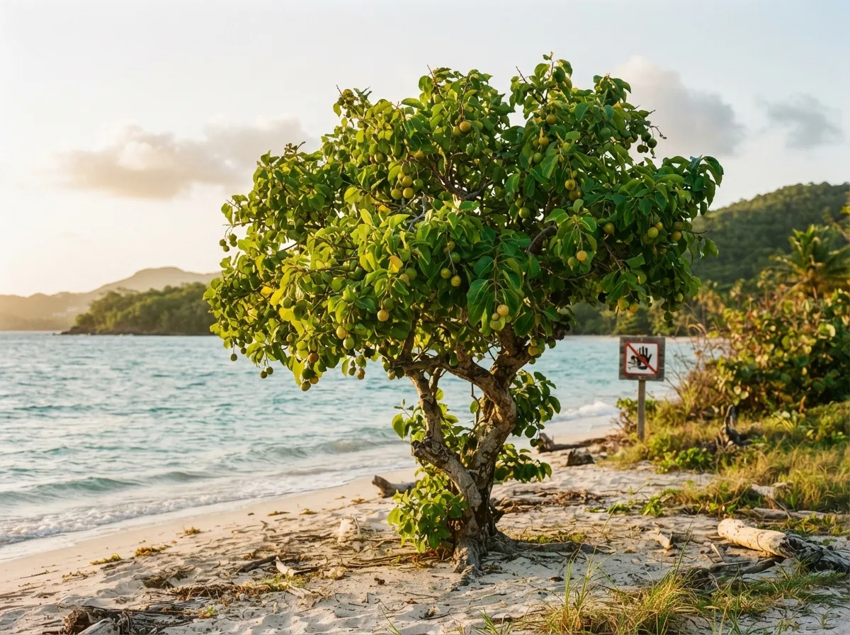 Petit arbre côtier tropical avec des petites pommes vertes toxiques accrochées aux branches, feuilles brillantes
