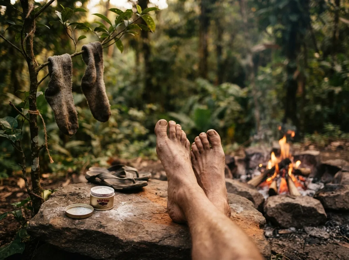 Pieds nus posés sur une pierre plate près d'un feu, chaussettes qui sèchent suspendues à une branche, une boîte de talc ouverte à côté