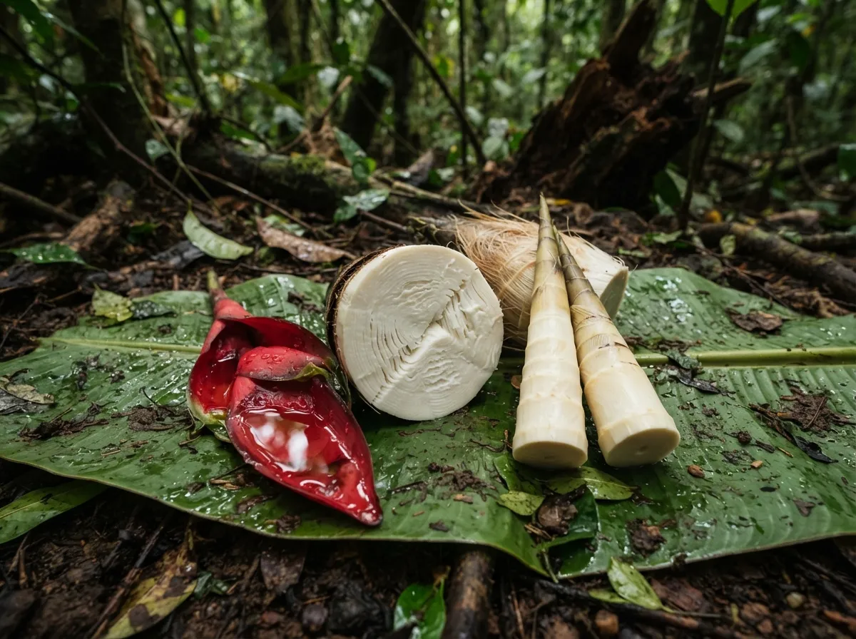 Nature morte sur une feuille de bananier : cœur de palmier tranché, jeunes pousses de bambou, une grande bractée rouge d'heliconia remplie de pluie