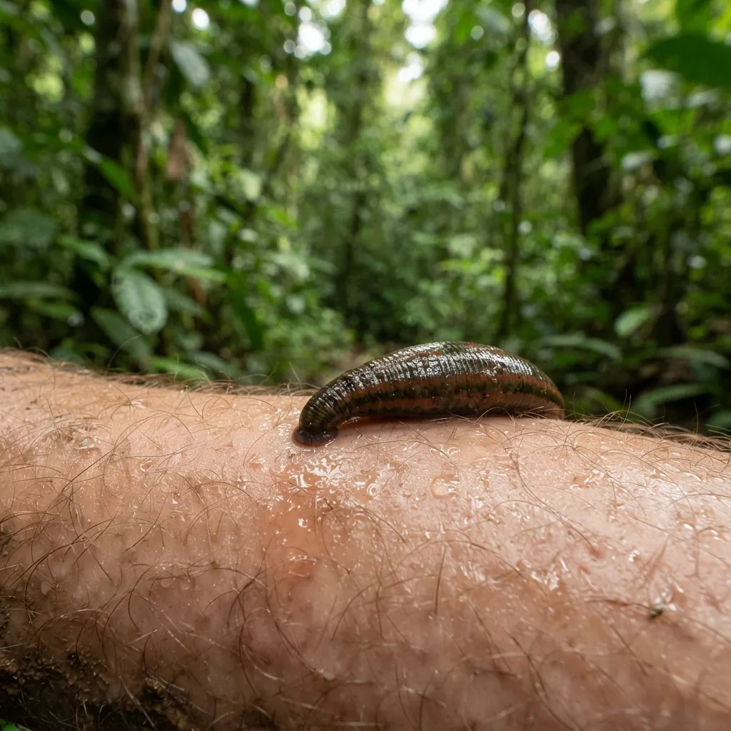 Une sangsue accrochée à une jambe, corps allongé et brun-rougeâtre, gouttes de rosée sur la peau