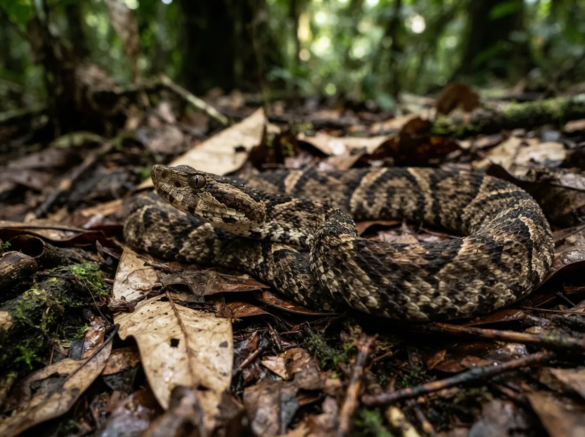 Un serpent fer-de-lance camouflé dans les feuilles mortes au sol, motif en losanges brun et beige