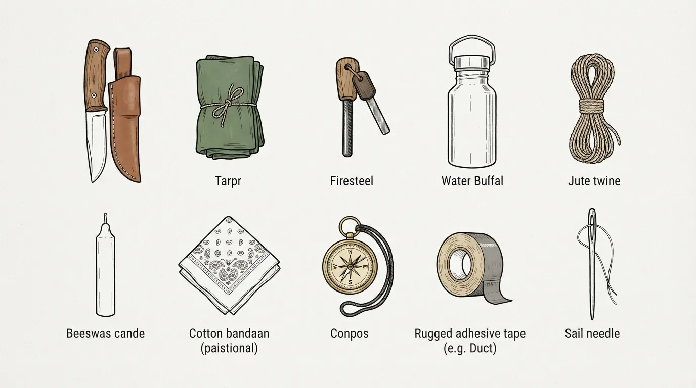 Dix objets alignés, chacun étiqueté par la lettre C : couteau, bâche, firesteel, gourde, corde, bougie, bandana, boussole, ruban adhésif, aiguille