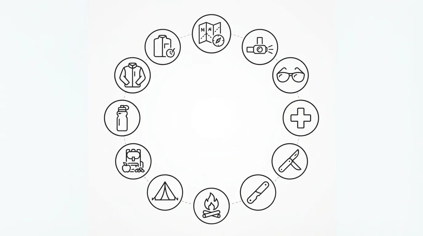 Dix pictogrammes en cercle représentant les dix essentiels : navigation, lampe, protection solaire, secours, couteau, feu, abri, nourriture, eau, vêtements