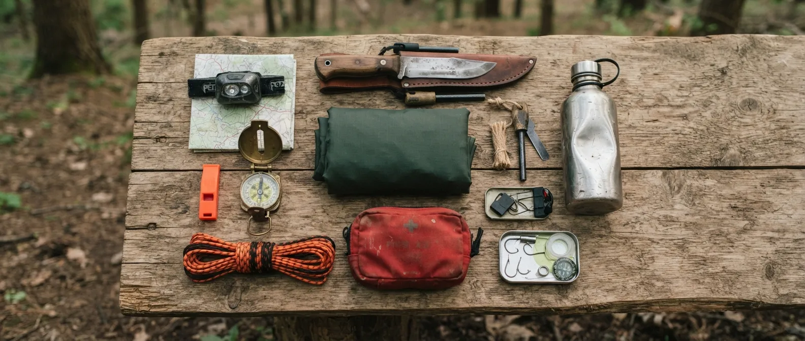 Vue de dessus d'un kit de survie complet étalé sur une table en bois : couteau, firesteel, gourde inox, bâche, boussole, sifflet, trousse de secours
