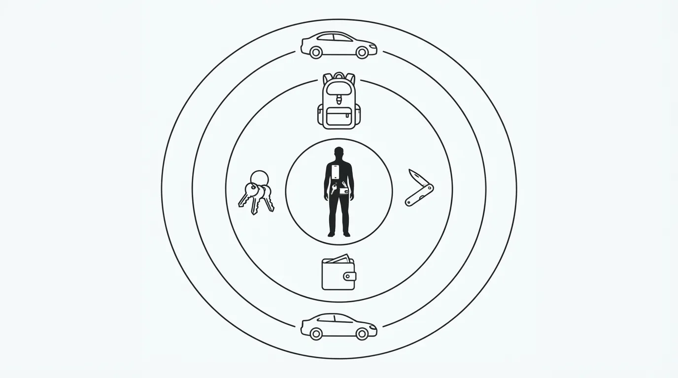 Quatre cercles concentriques : sur soi au centre, puis EDC, puis sac, puis véhicule à l'extérieur