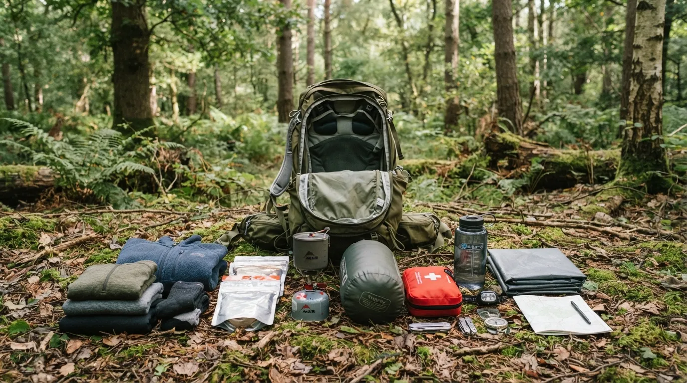 Contenu d'un sac de 72 heures étalé devant le sac ouvert : vêtements pliés, nourriture lyophilisée, réchaud, duvet compressé, trousse