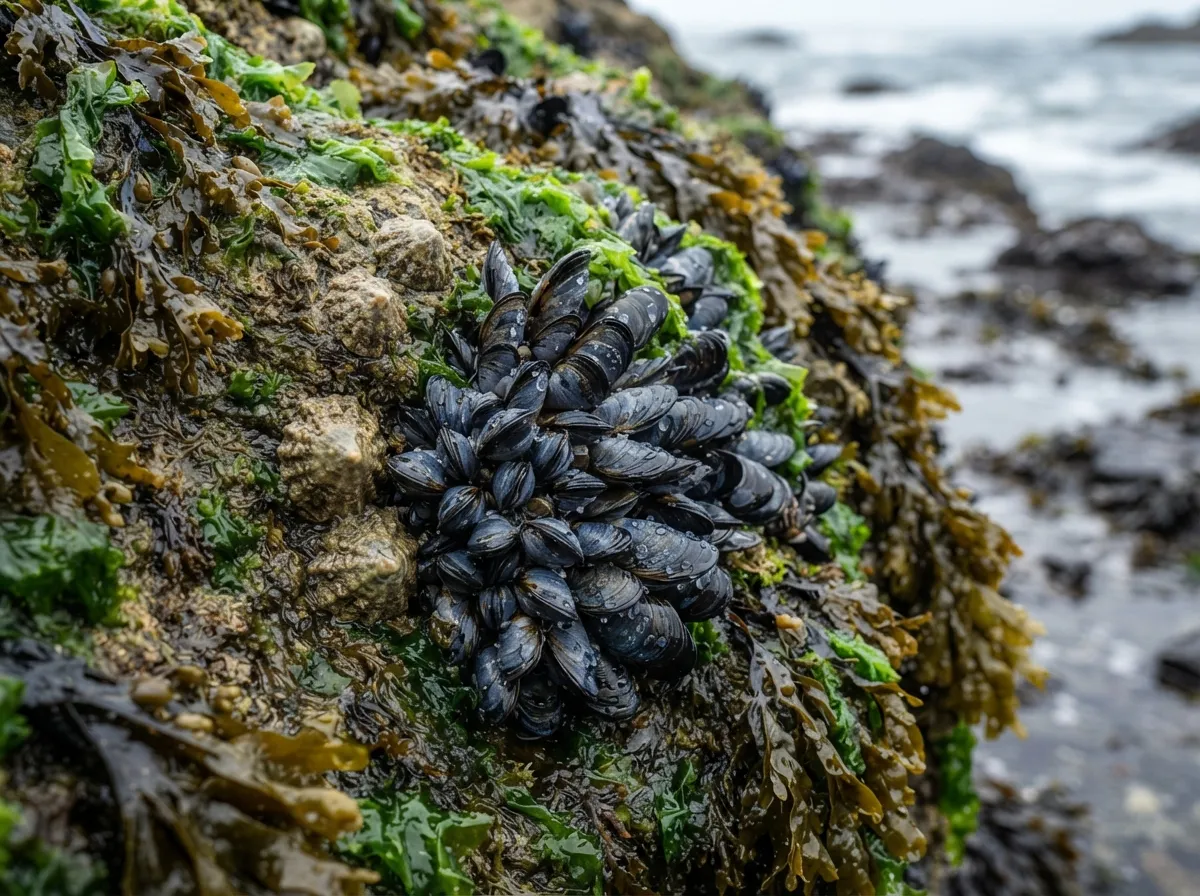 Une grappe de moules bleues et des patelles fixées sur un rocher couvert d'algues à marée basse