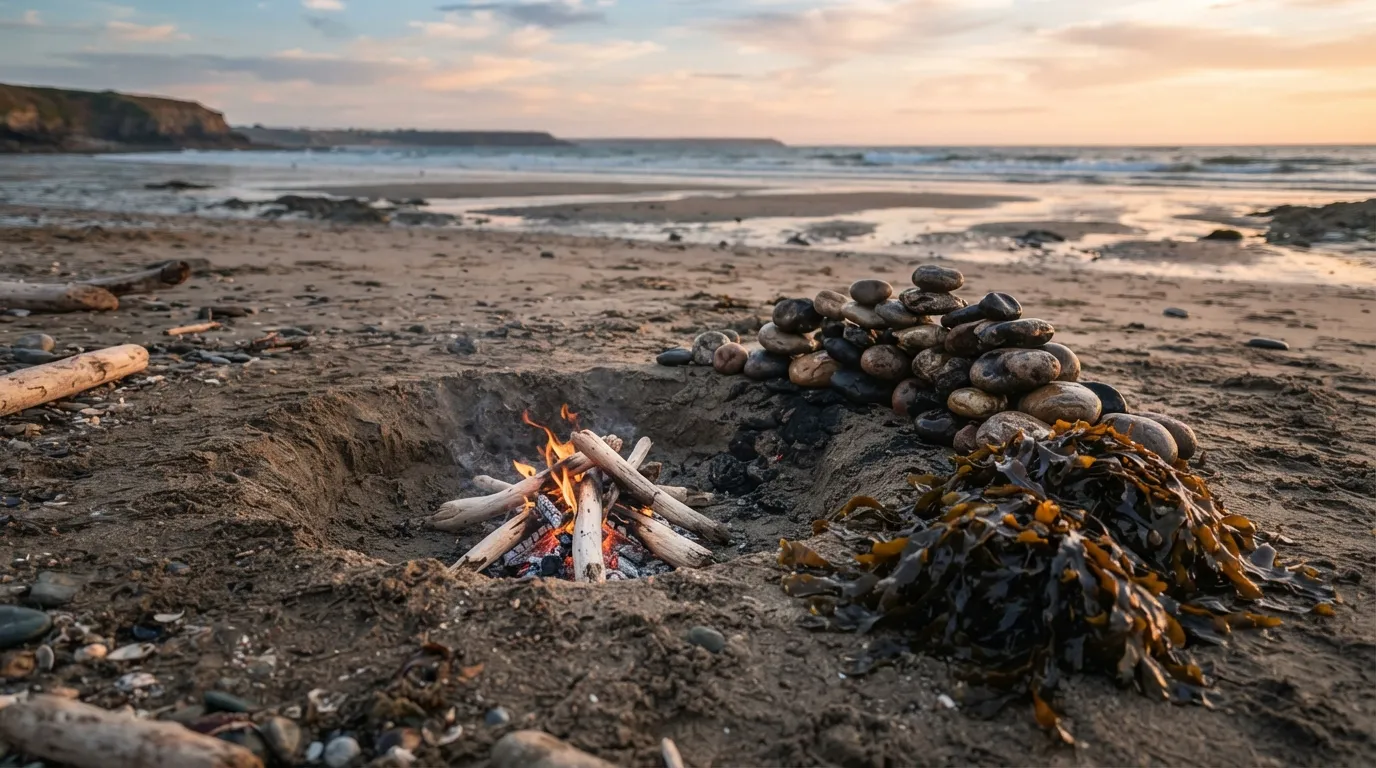 Un feu de bois flotté dans un trou creusé sur la plage, des pierres chauffées à côté et des algues prêtes à couvrir la cuisson