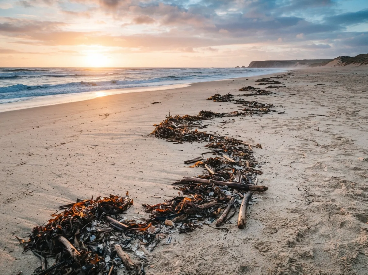Une ligne d'algues brunes, de bois flotté et de coquilles déposée en travers d'une plage de sable, parallèle à la mer au loin