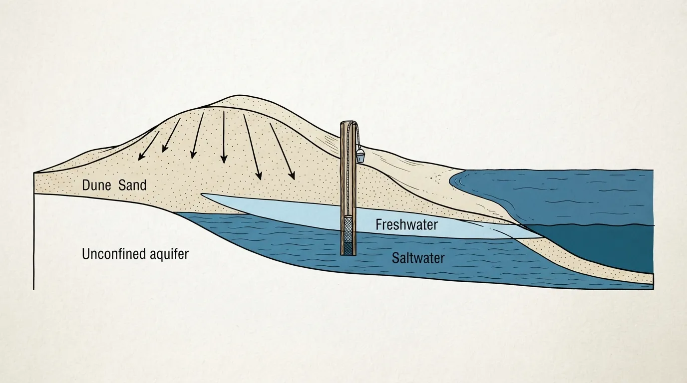 Coupe schématique d'une dune montrant une couche d'eau douce flottant au-dessus d'une nappe d'eau salée, avec un trou creusé pour y accéder