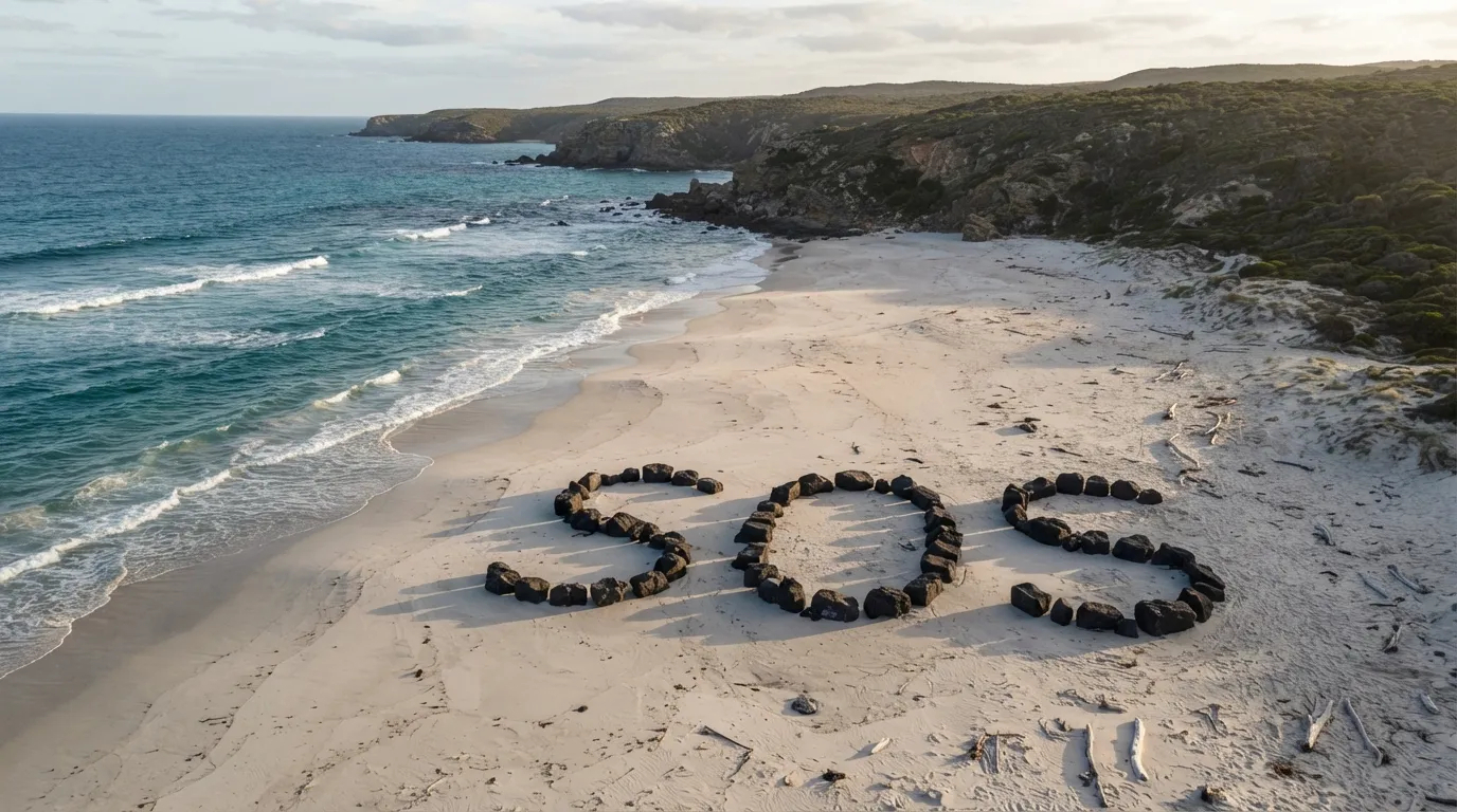 Un immense SOS formé de pierres sombres sur une plage de sable clair, vu depuis les airs