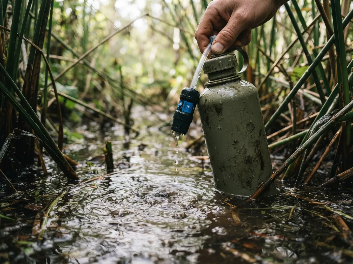 Une gourde filtrante plongée dans une eau brune de marais entre des roseaux