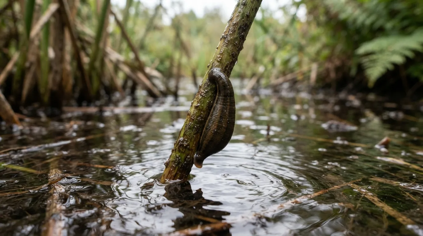 Gros plan sur une sangsue accrochée à une tige de roseau au-dessus de l'eau brune d'un marais