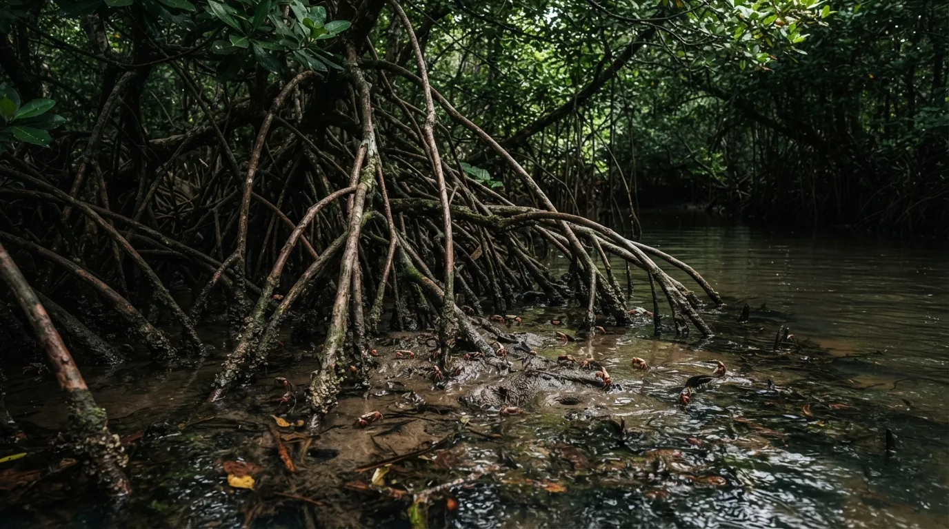 Racines aériennes en échasses de palétuviers rouges plongeant dans une eau saumâtre peu profonde