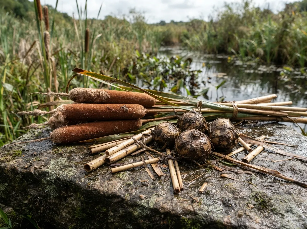 Épis de massette et rhizomes de sagittaire posés sur une pierre plate, entourés de vase et de roseaux
