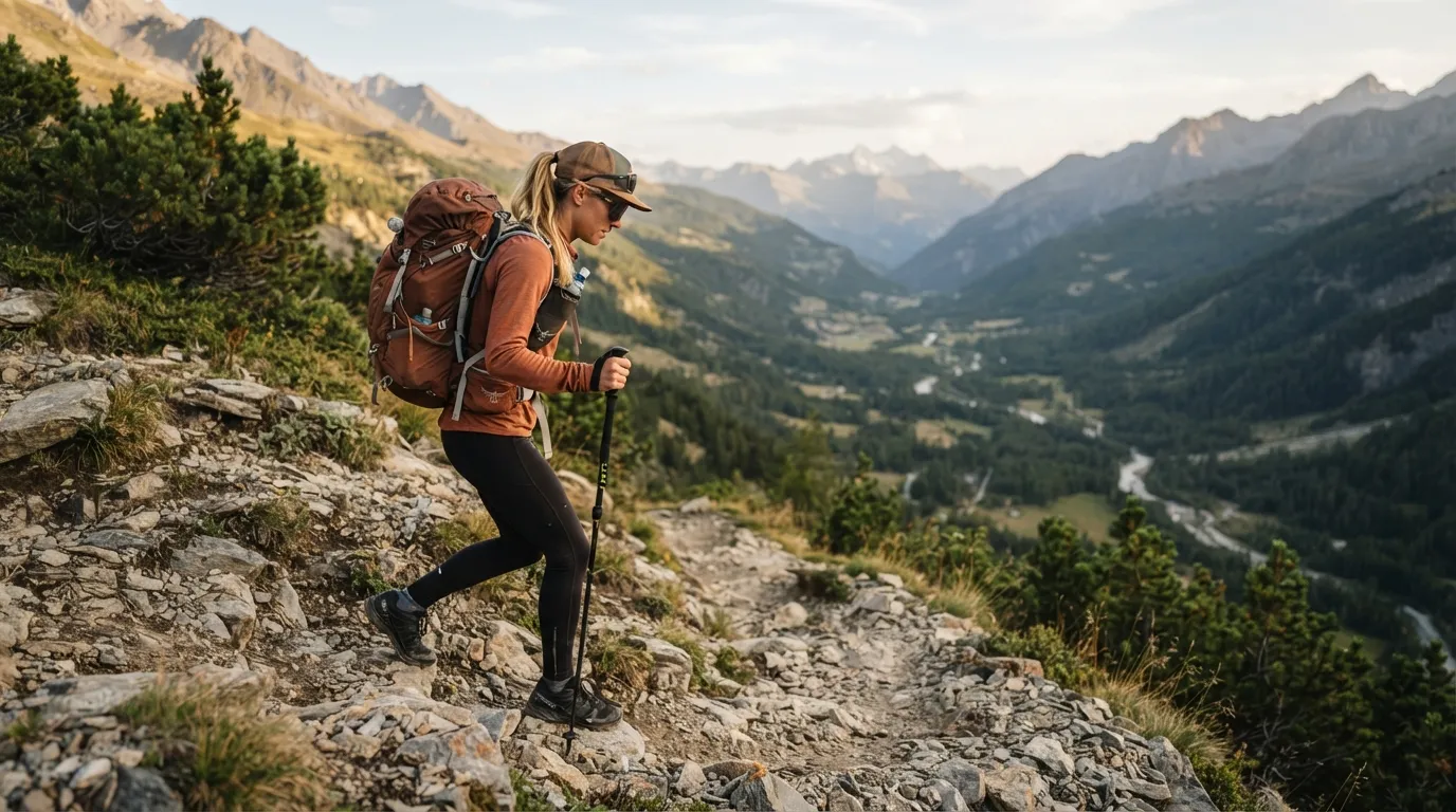 Un randonneur en pleine descente sur un sentier pierreux, un bâton planté devant lui à chaque appui, genoux fléchis