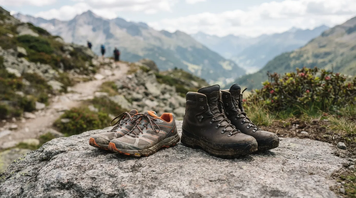 Deux paires de chaussures de randonnée côte à côte sur un rocher, une basse et légère, une montante et rigide, vue de profil