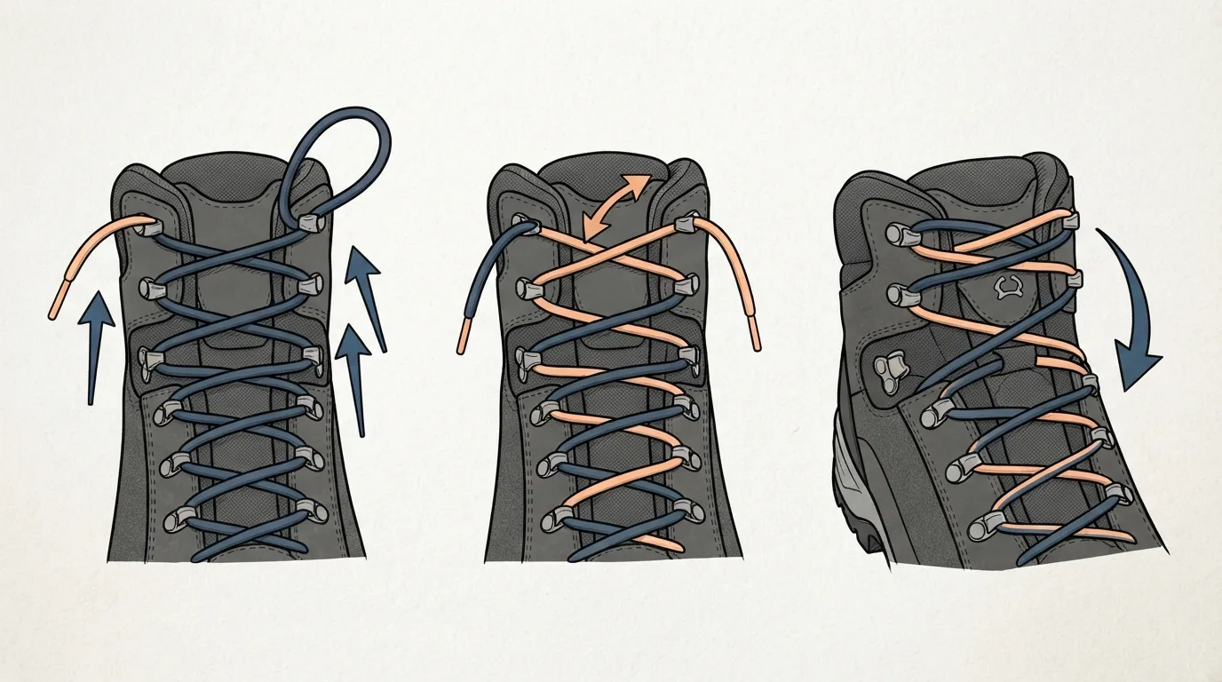 Schéma du laçage heel lock : boucles formées aux derniers œillets puis lacets croisés dans les boucles opposées avant de serrer