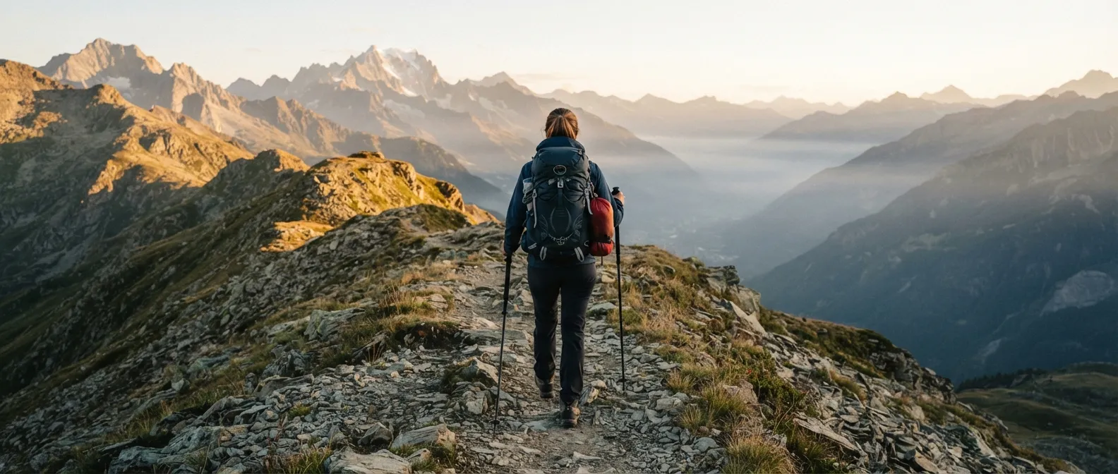 Un randonneur de dos, bâtons en main, sac à dos ajusté, avance à un rythme régulier sur un sentier de montagne au petit matin