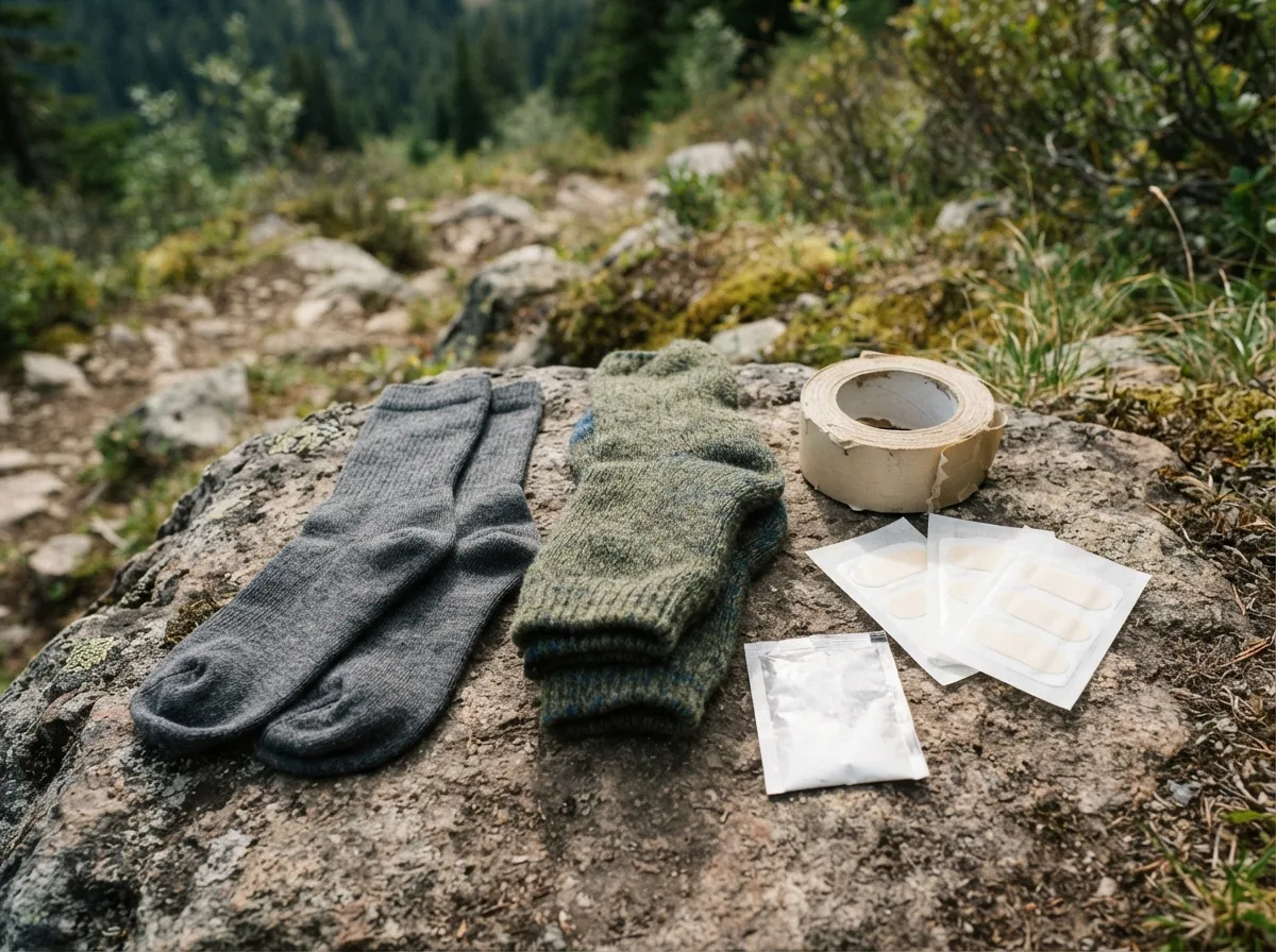 Sur une pierre plate : une paire de chaussettes fines et une paire épaisse, un rouleau de ruban adhésif toilé, des pansements Compeed, un sachet de poudre de talc