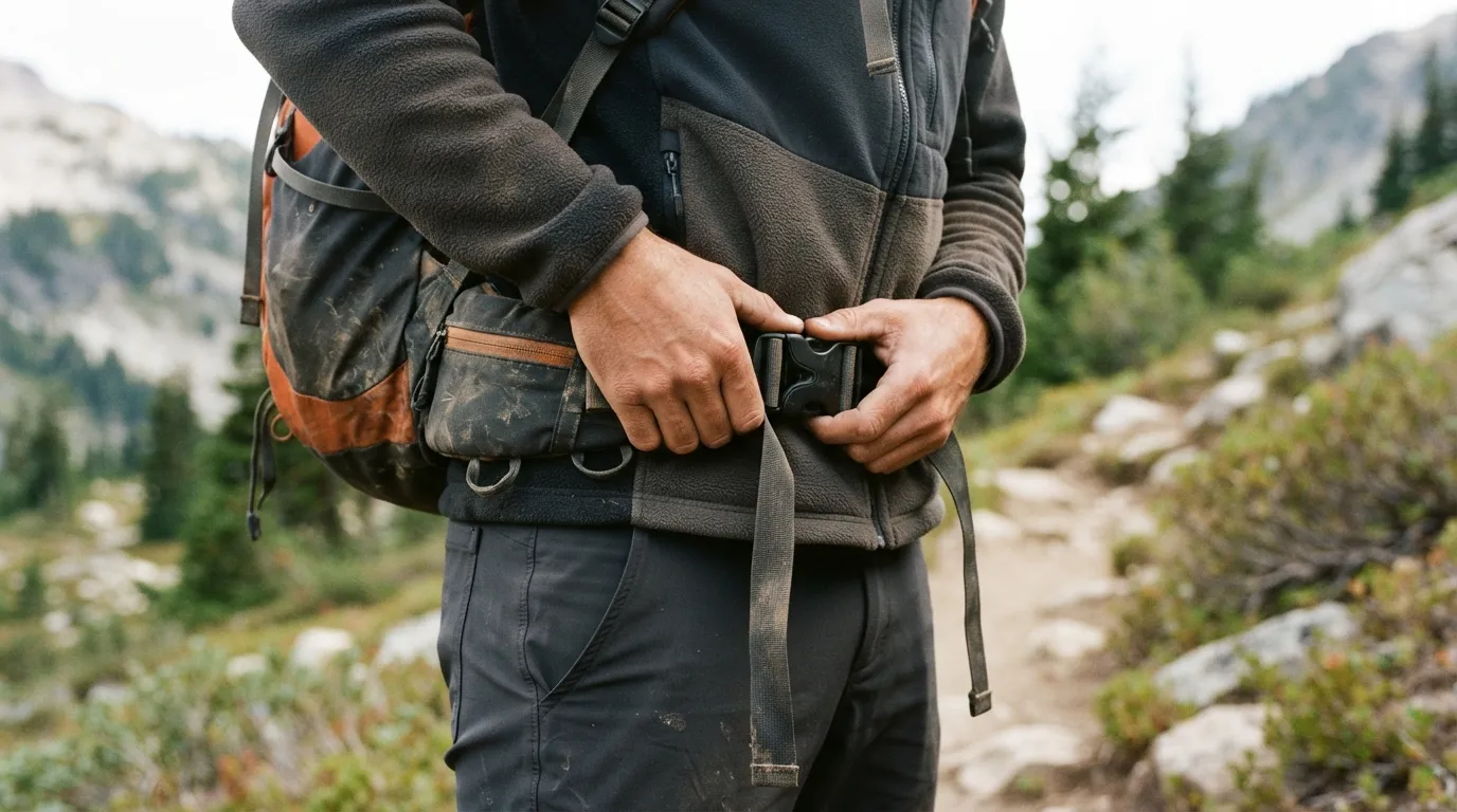 Gros plan sur une ceinture ventrale de sac à dos bien serrée sur les hanches d'un randonneur, bretelles détendues en comparaison