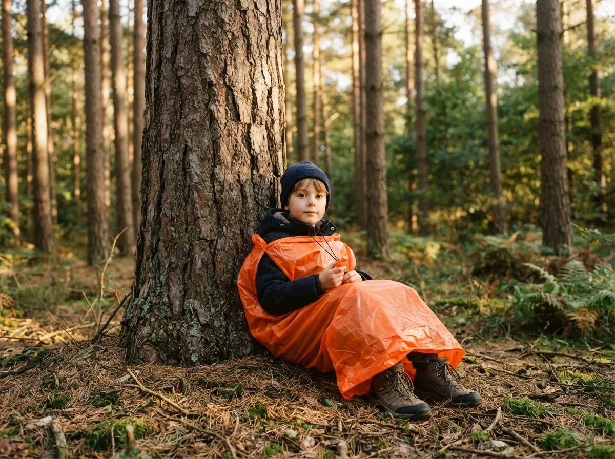 Un enfant assis au pied d'un grand arbre, enroulé dans un sac poubelle orange, sifflet à la main, l'air calme