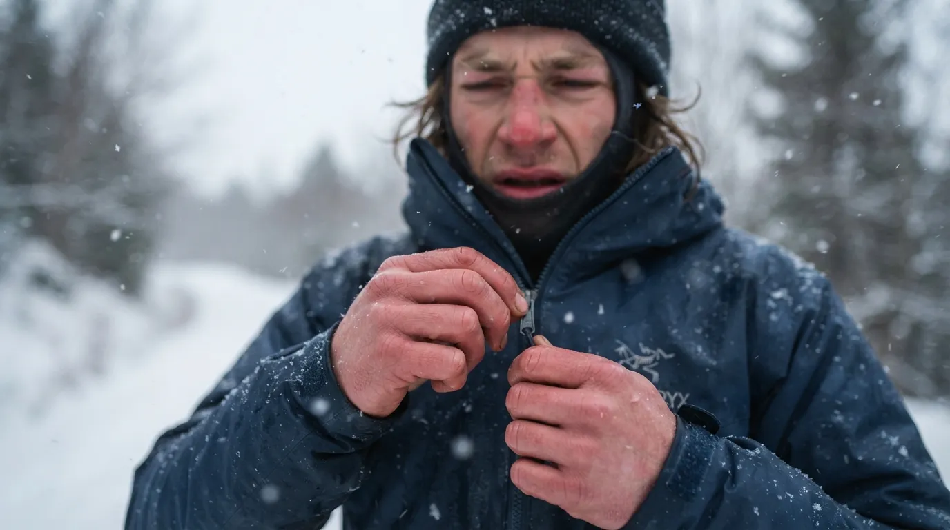 Un randonneur frigorifié, lèvres bleues, essaie de fermer la fermeture éclair de sa veste avec des doigts gourds sous la neige