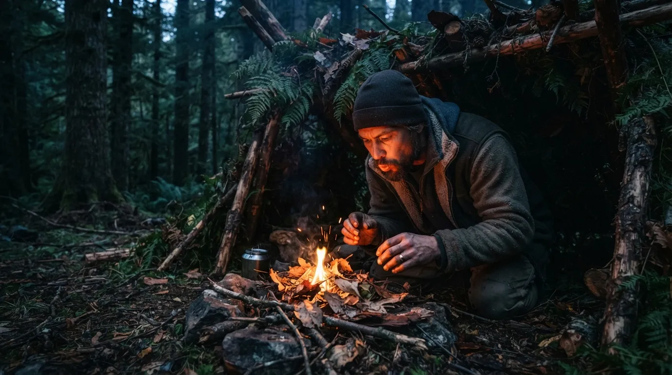 Un petit feu de camp qui prend sous un abri de branches, un homme accroupi souffle sur les braises, nuit tombante