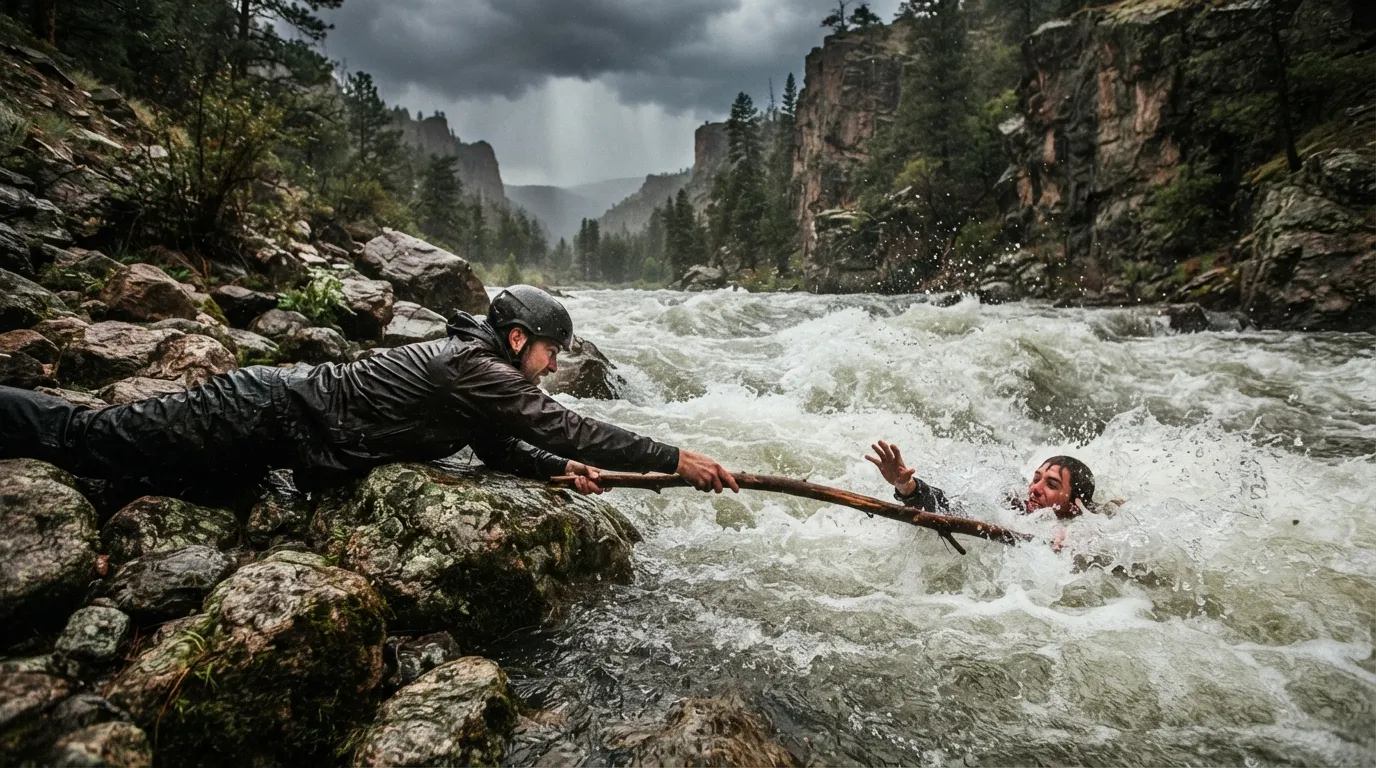 Depuis la berge, une personne tend une longue branche vers quelqu'un en difficulté dans une rivière