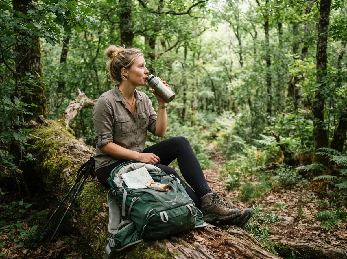 Une randonneuse assise sur un tronc, sac ouvert devant elle, gourde à la main, qui observe calmement autour d'elle