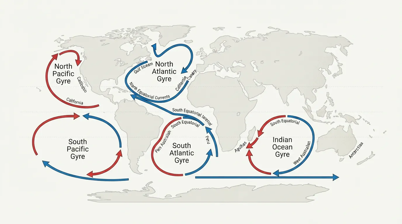 Carte schématique du monde avec des flèches courbes représentant les grands gyres océaniques dans chaque océan
