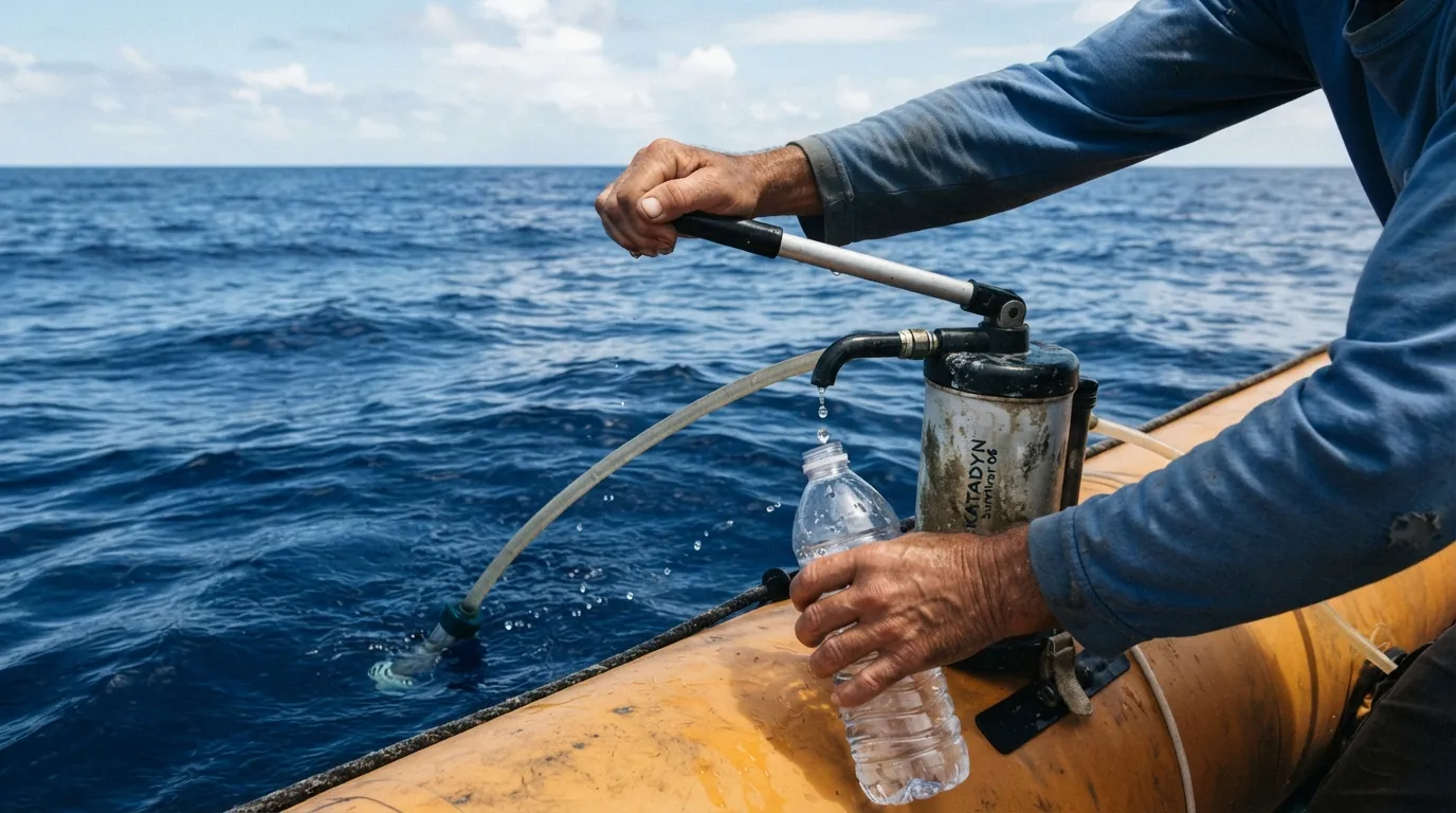 Des mains actionnent une pompe manuelle de dessalinisateur portable au-dessus de l'eau de mer, sur le rebord d'un radeau