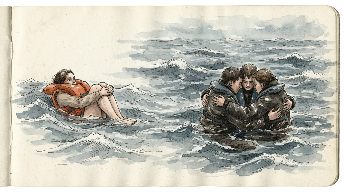 À gauche une personne seule en position fœtale dans l'eau genoux remontés, à droite trois personnes qui se serrent torse contre torse en cercle