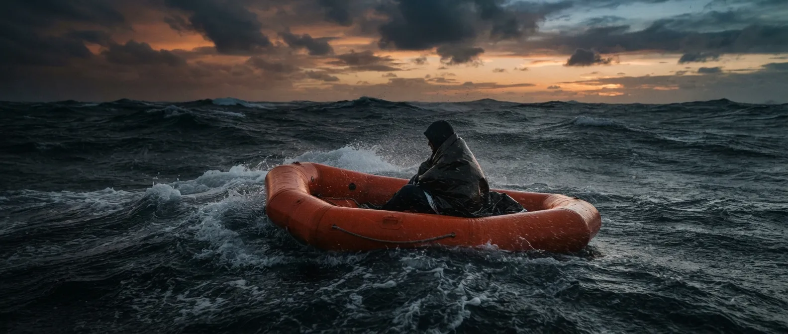 Un radeau de survie orange flotte sur une mer agitée au crépuscule, une silhouette assise dedans, la coque du bateau qui a chaviré visible au loin