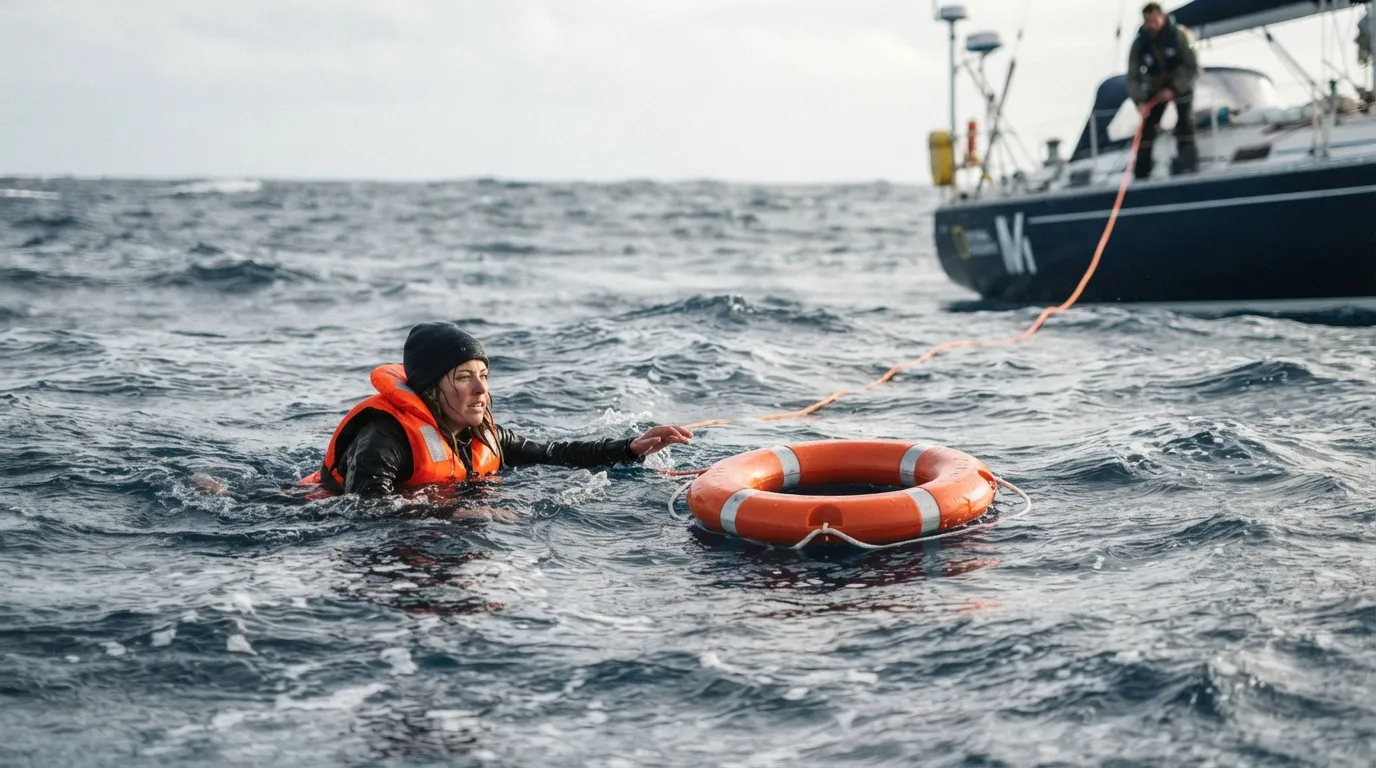 Une bouée fer à cheval orange et blanc flotte sur l'eau, lancée depuis un voilier visible en arrière-plan, une personne dans l'eau qui tend le bras vers elle