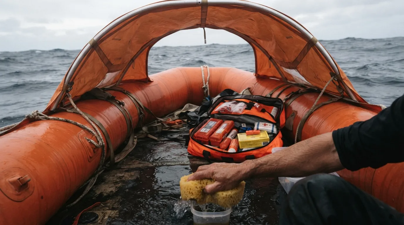 Intérieur d'un radeau de survie orange avec sa capote gonflée, kit de survie ouvert, une personne qui écope de l'eau au fond