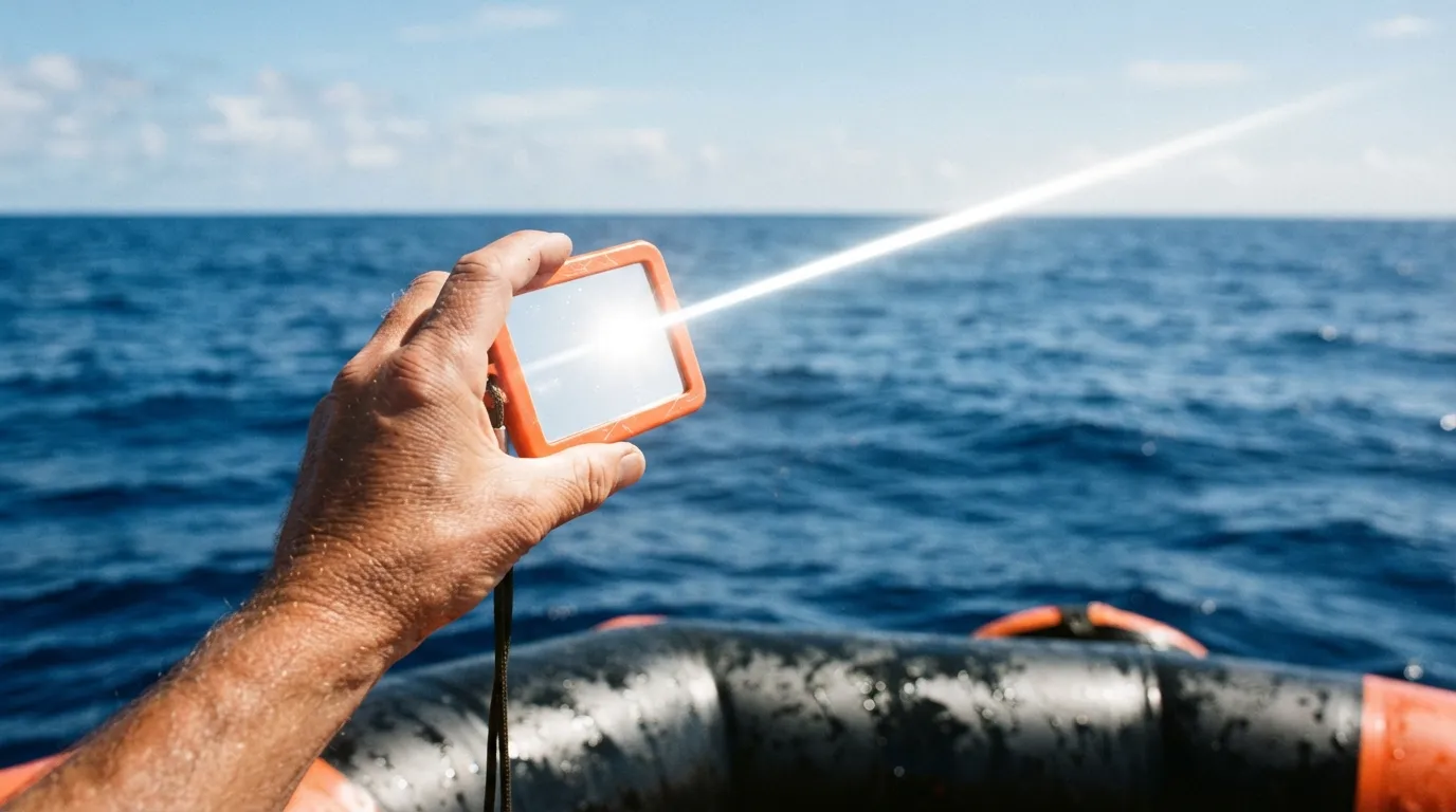 Une main tient un miroir de signalisation qui reflète un éclat de soleil vers l'horizon, silhouette du radeau au premier plan