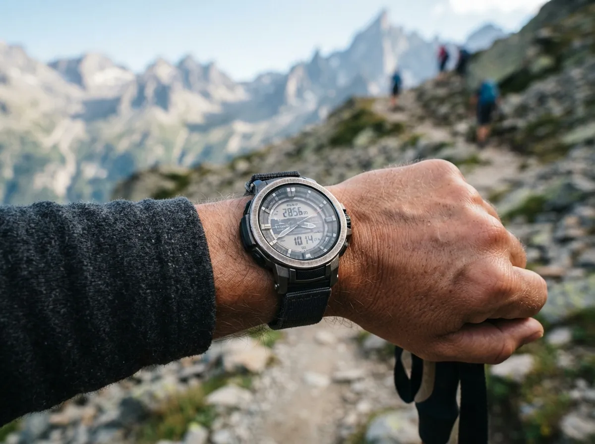 Une montre altimètre-baromètre au poignet d'un randonneur, affichée sur fond de paysage de montagne